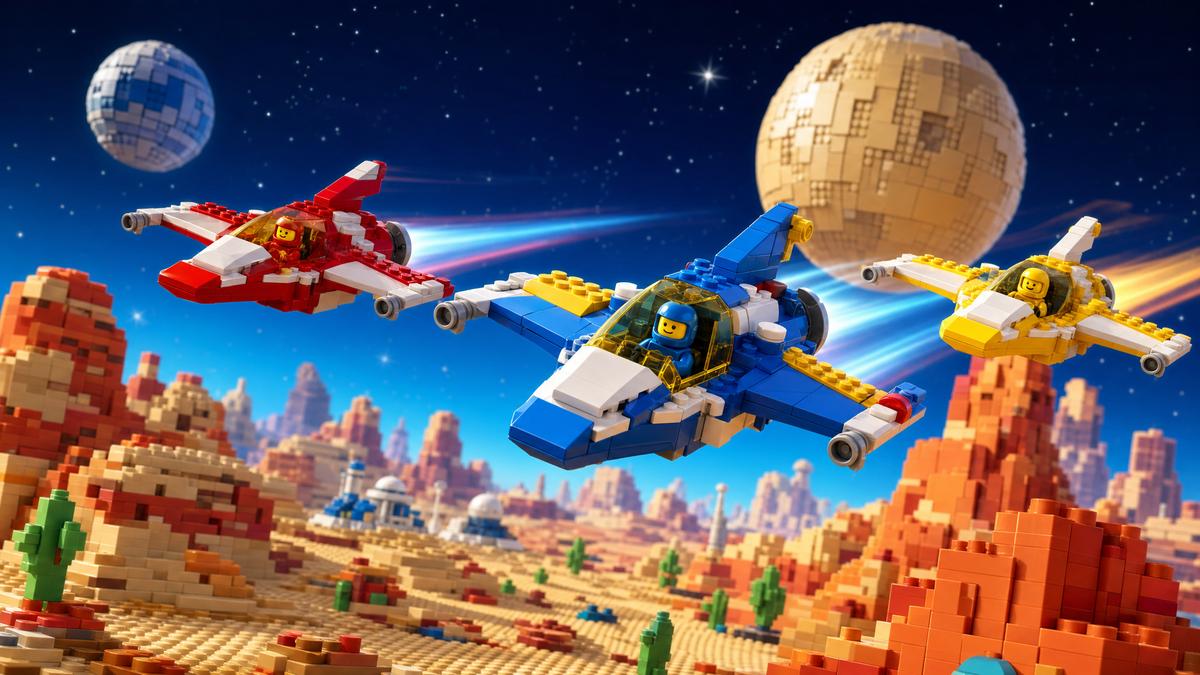 Toy-brick spaceships flying over a brick desert planet with two moons - LEGO Star Wars games