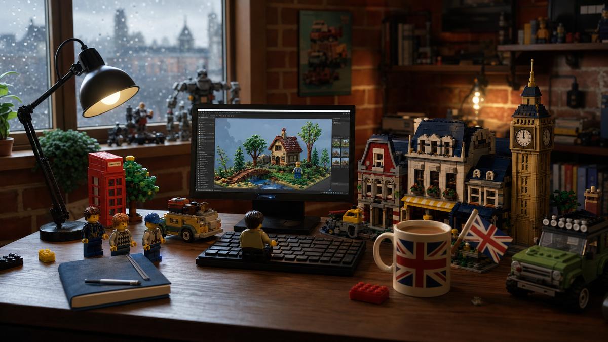 British game developer desk with toy-brick models, union jack mug and rainy window