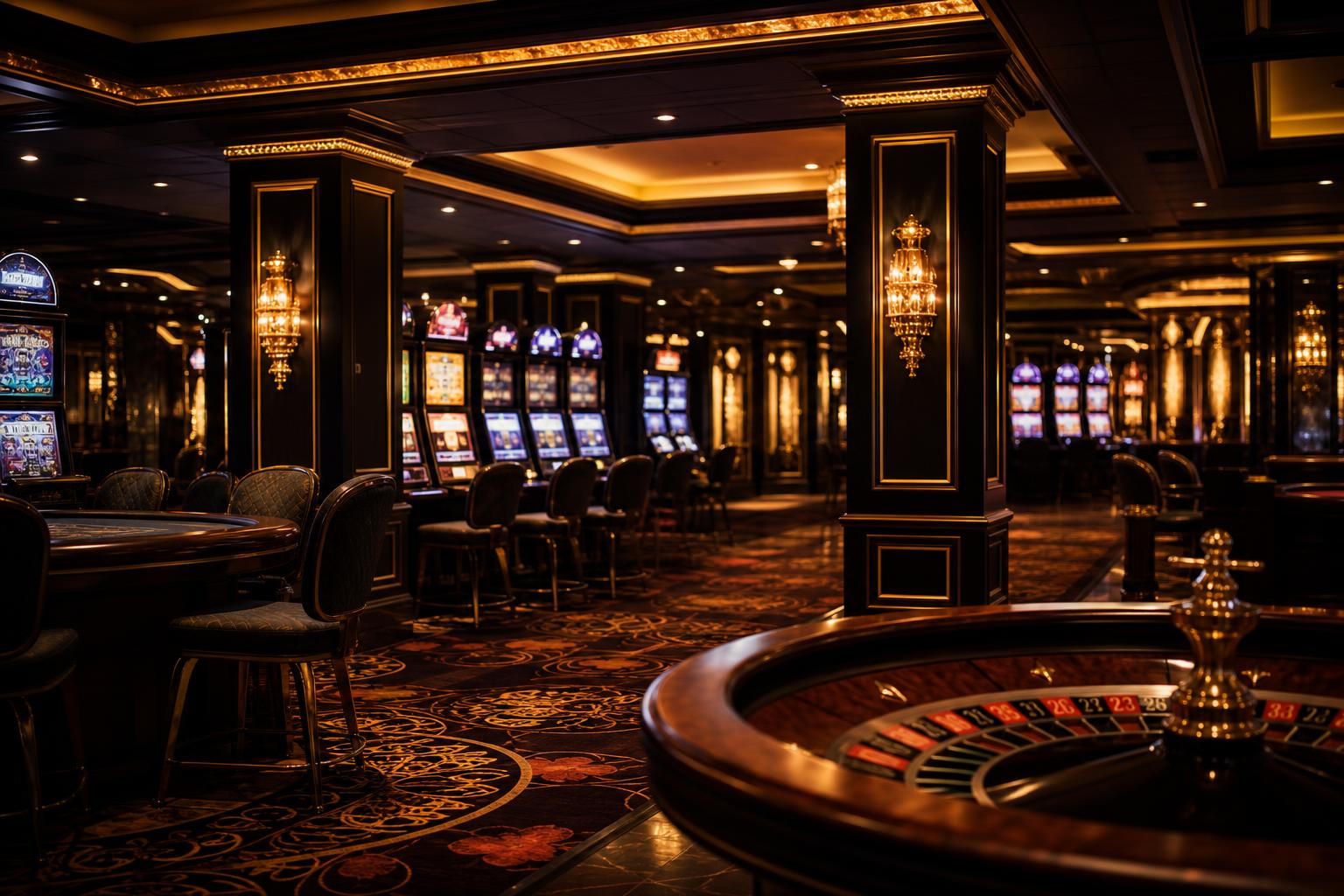 Best payout casino games -- warm golden casino interior with glowing slot machines