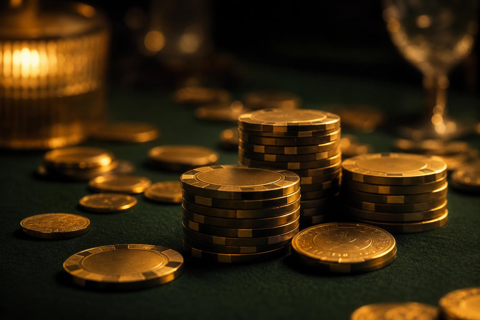 Casino payout speed -- stacked gold chips on green casino felt