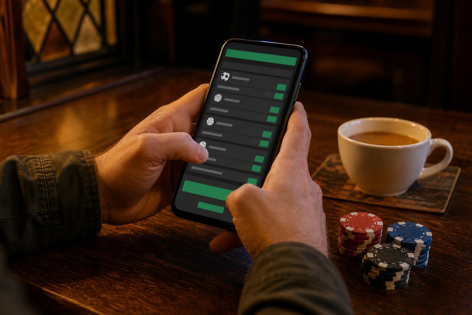 Hands using a sports betting app on a smartphone beside poker chips at a pub table, comparing payment options