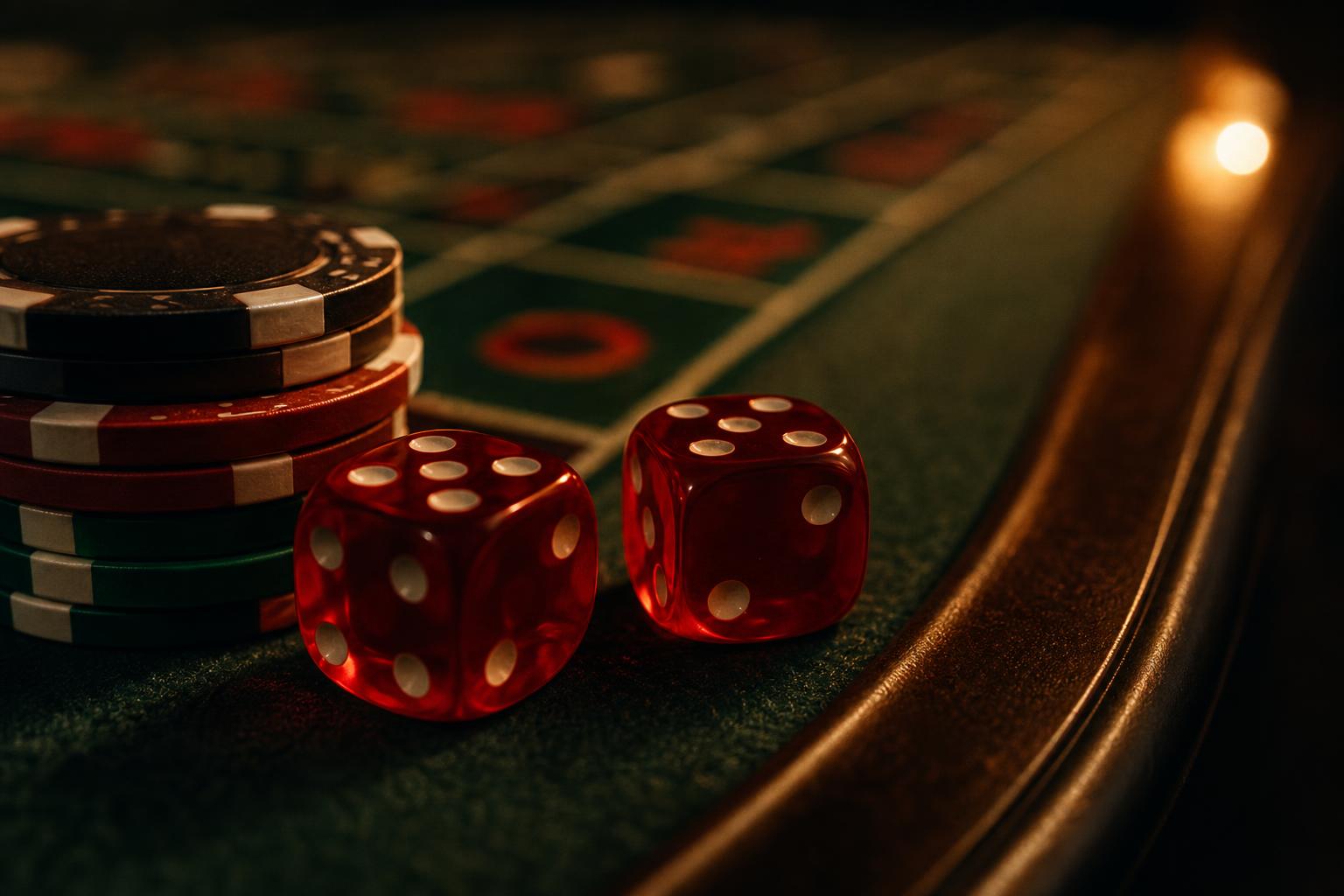 Red casino dice and chips on green craps table felt, close-up warm lighting