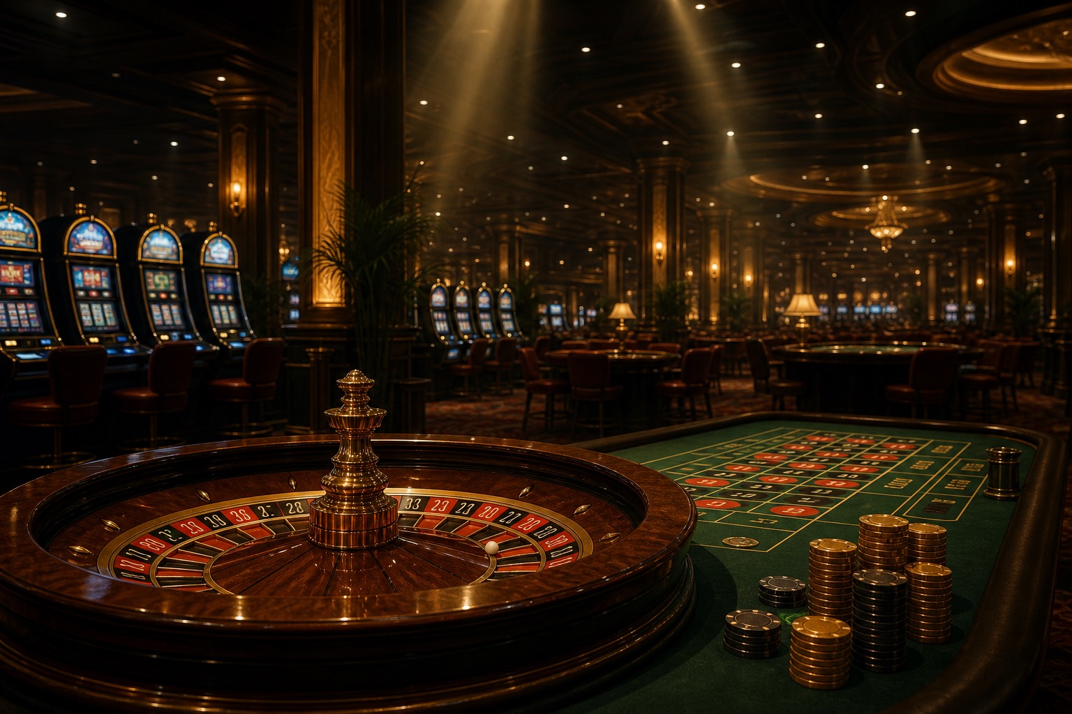 Upscale casino lounge at night with gaming tables in warm amber light