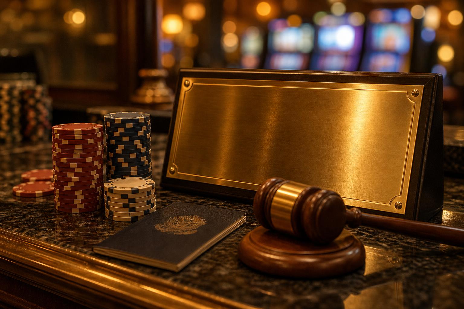 Casino cashier counter with stacked poker chips under warm amber light