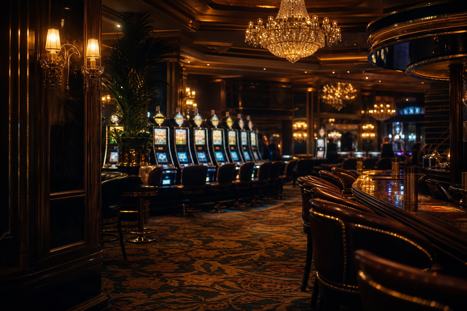 Warmly lit independent casino floor with slot machines at night