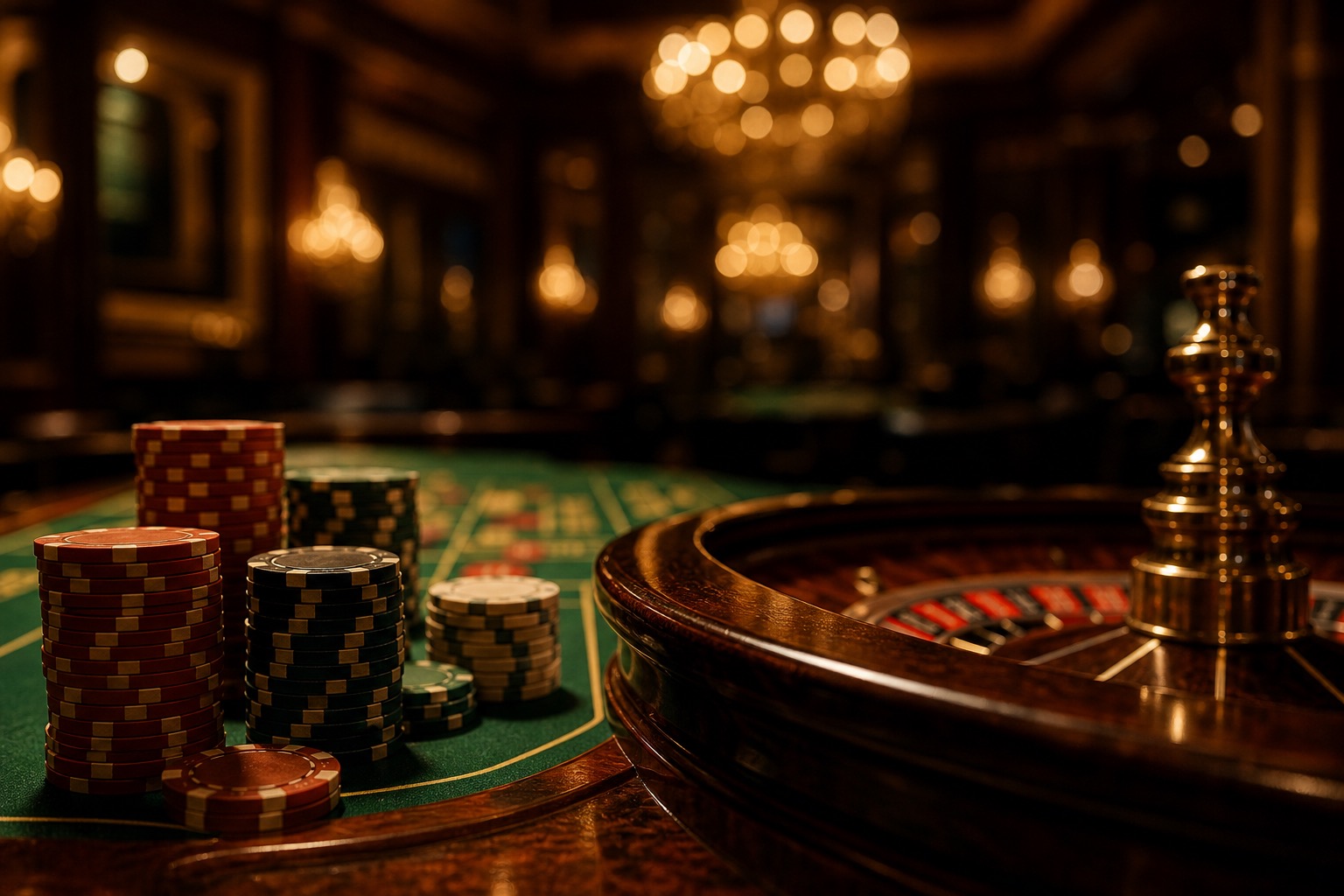Roulette table with poker chips under amber chandelier light