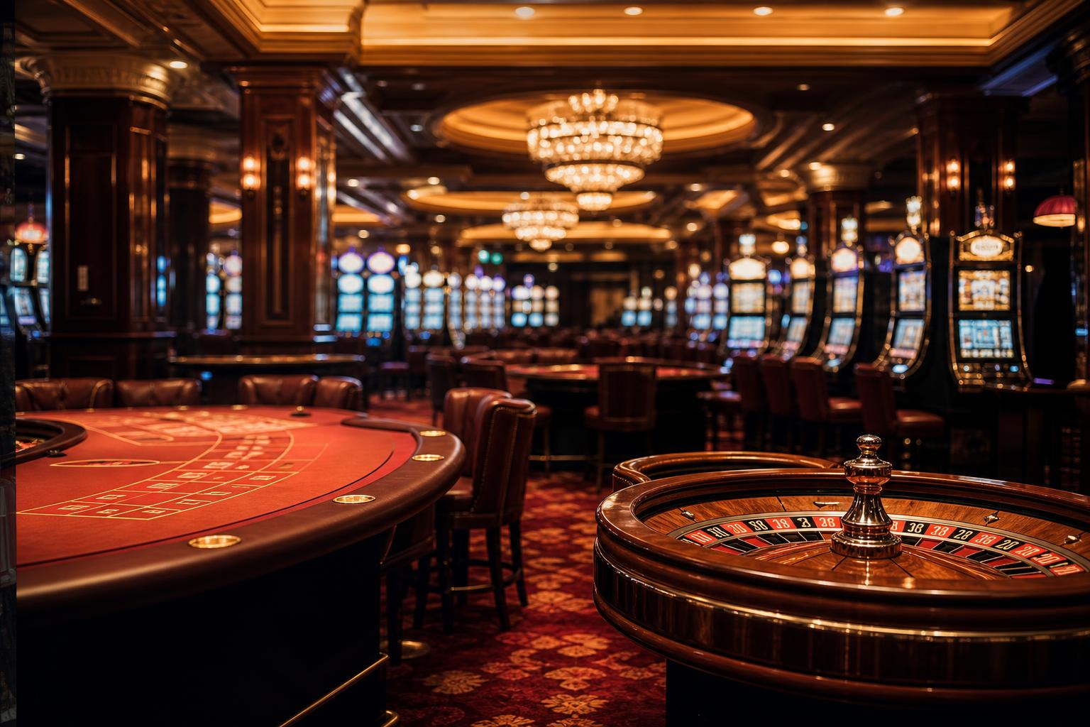 Roulette tables and slot machines on a casino gaming floor lit in warm gold light