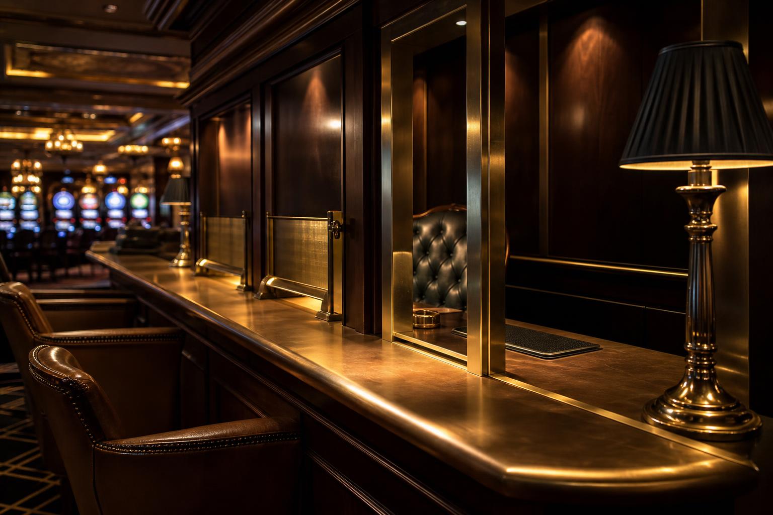 Brass cashier counter and leather chairs in a warm amber casino banking lounge