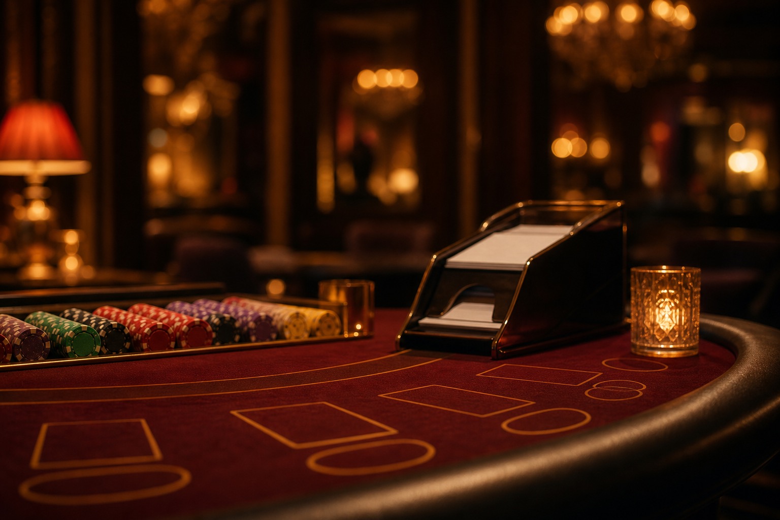 Blackjack table with chip stacks in a luxurious live casino lounge