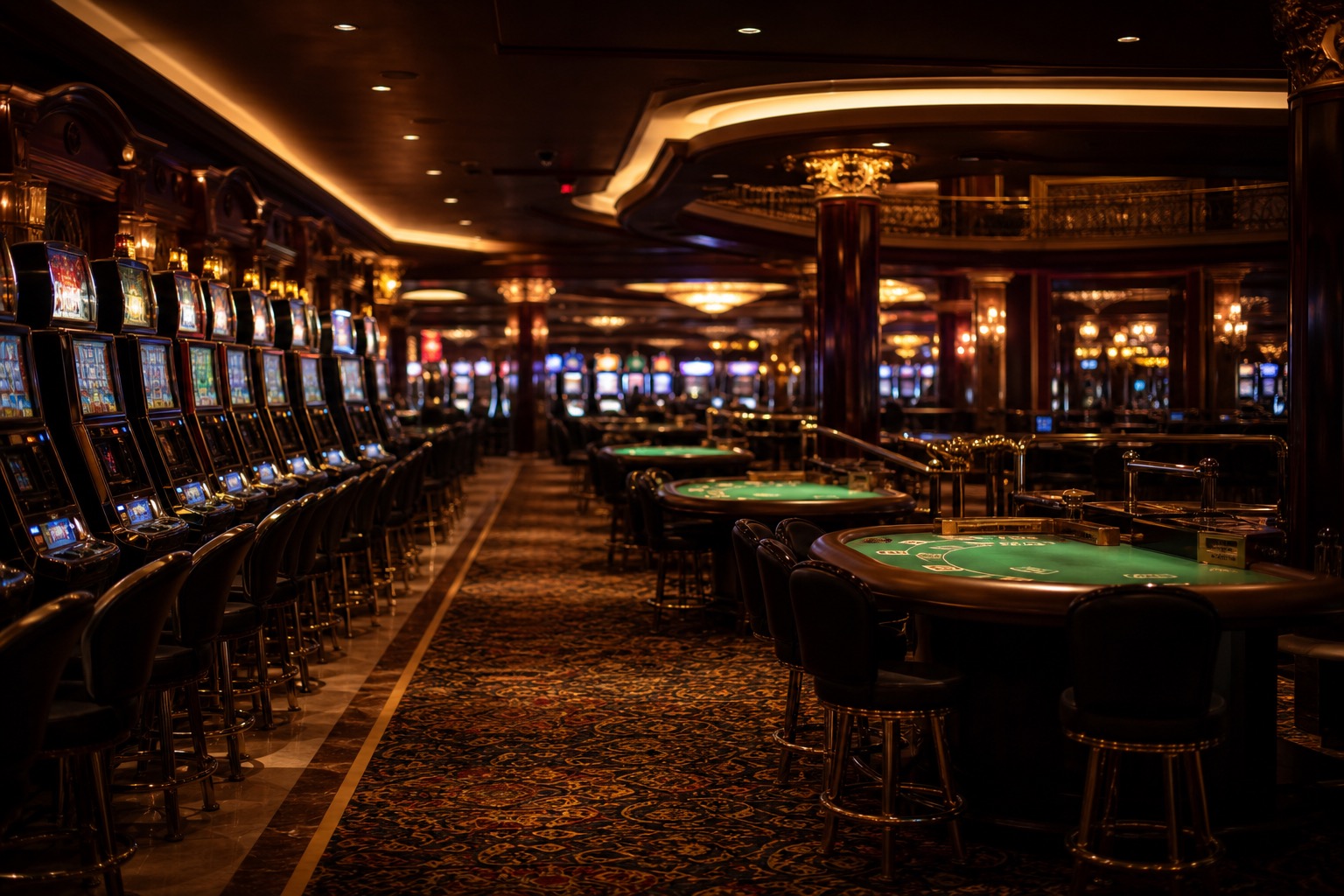 Card table with poker chips in warm amber light, slot machines in the background
