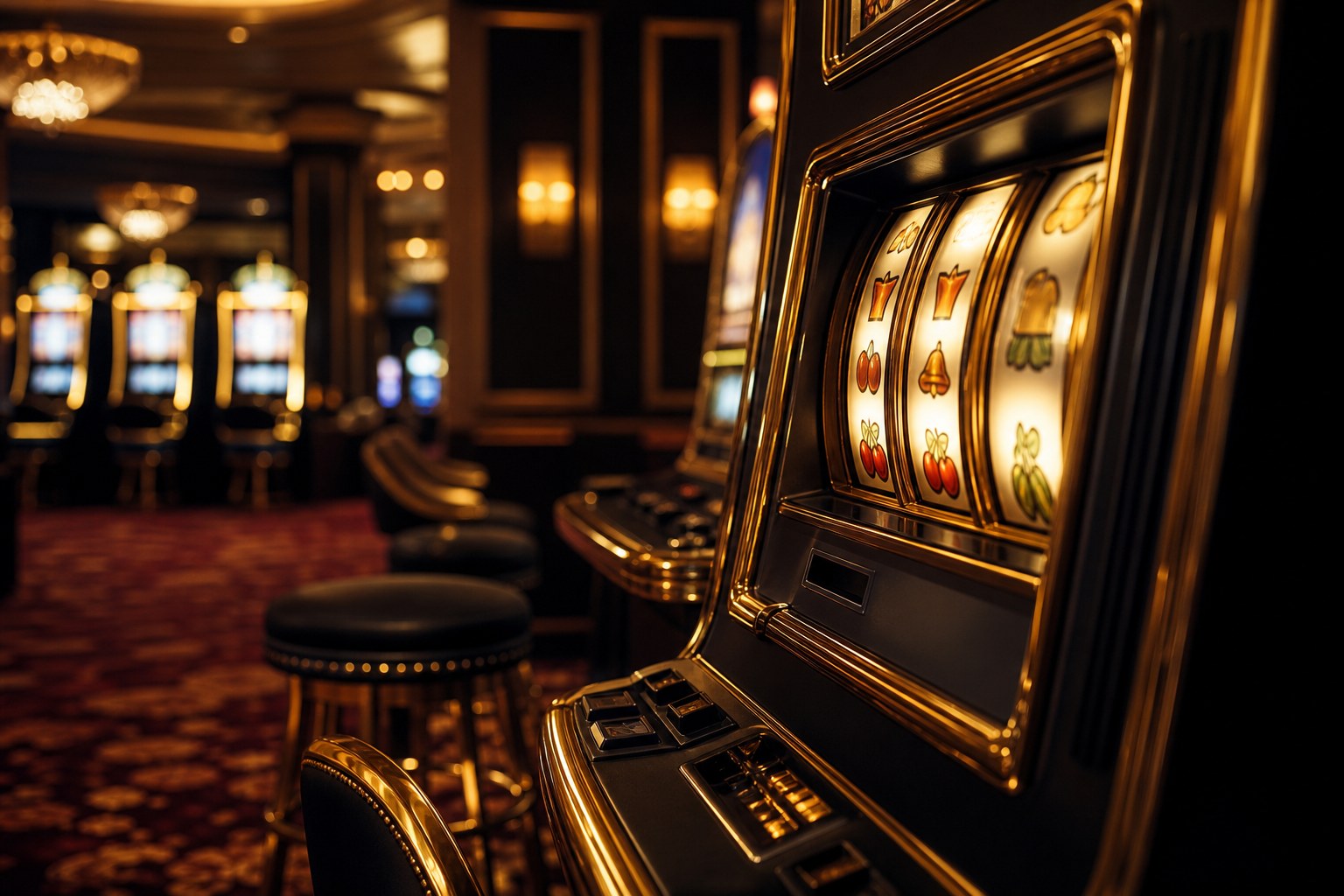 Regulated UK casino slot machines with polished brass details, illustrating licensed new casino sites