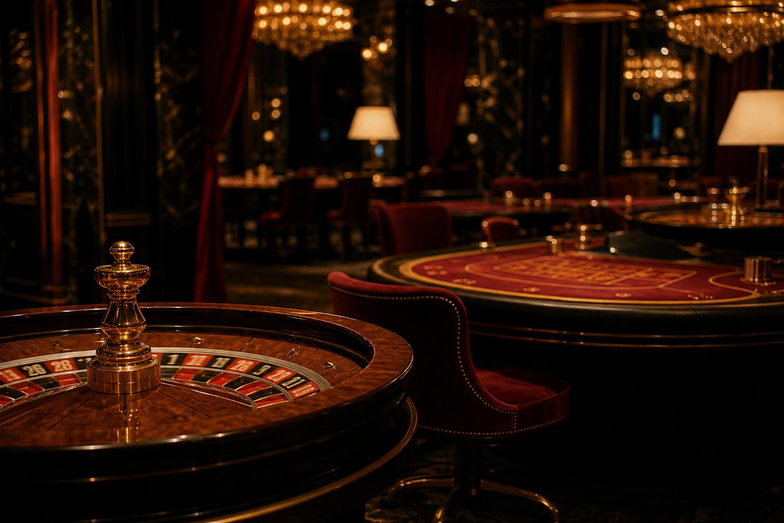 Roulette wheel and card tables bathed in warm gold light inside a cinematic casino interior