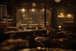Warmly lit British betting lounge interior with mahogany counter and brass lamps