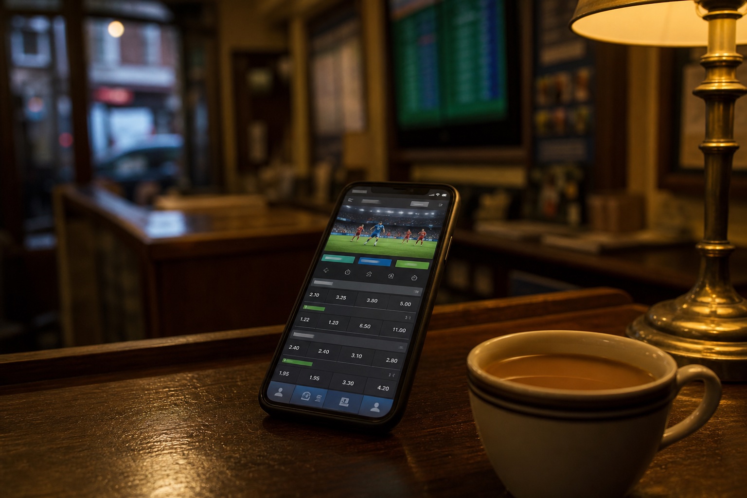 Smartphone showing a sports betting app on a bookmaker counter beside a cup of tea