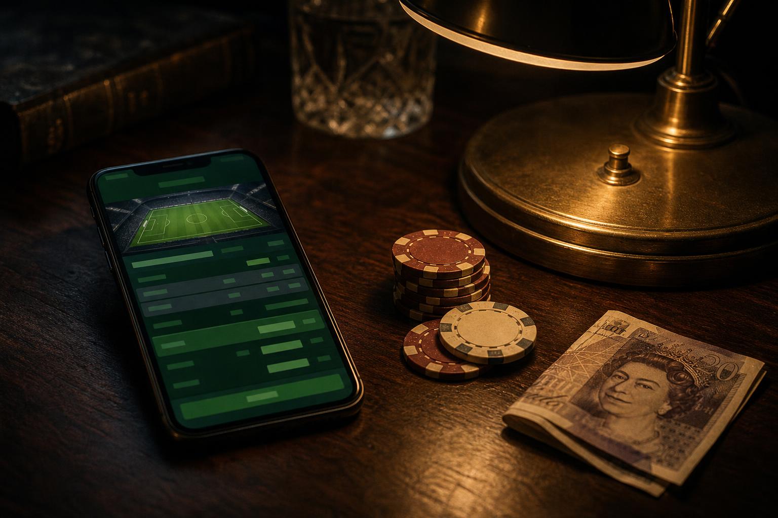 Phone with betting app beside poker chips on a desk