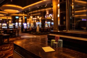 Paysafecard casino counter with chips in warm golden light