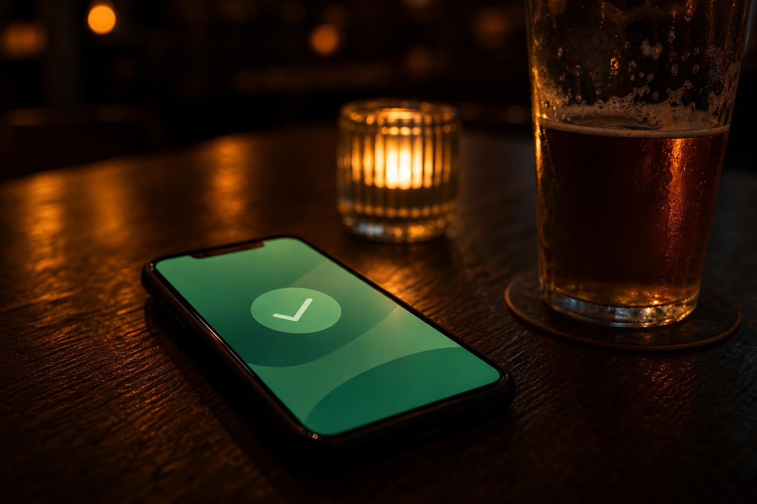 Smartphone on a pub table showing a banking confirmation beside a pint, warm amber light
