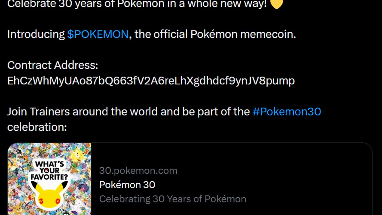 Screenshot of the fake Pokémon memecoin post on X