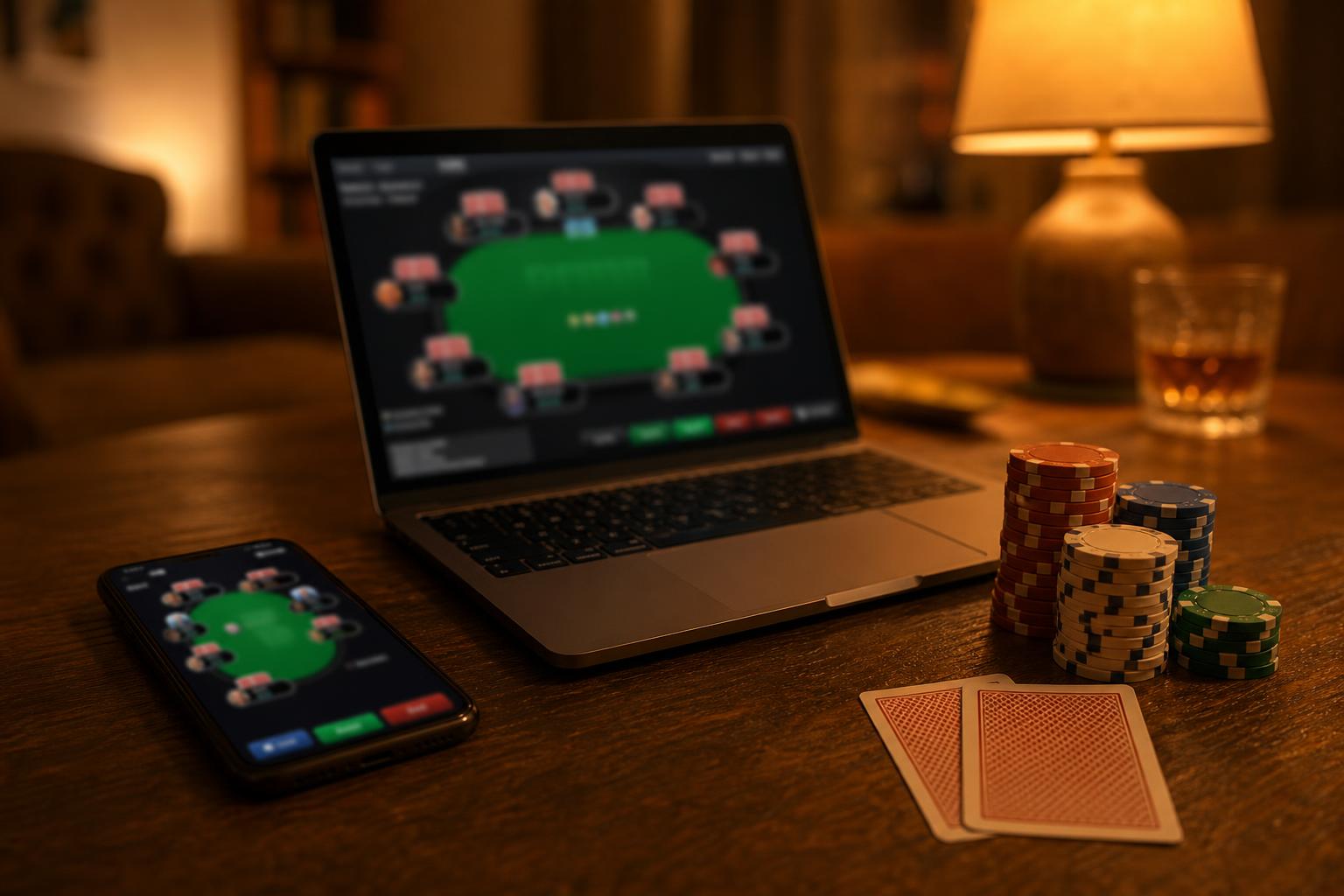 Laptop and phone showing online poker interface with poker chips on a wooden table