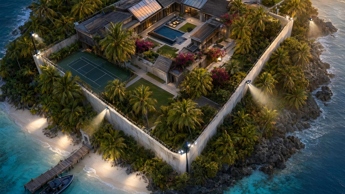 Aerial view of a fortified tropical island compound – the Cayo Perico heist setting in GTA Online