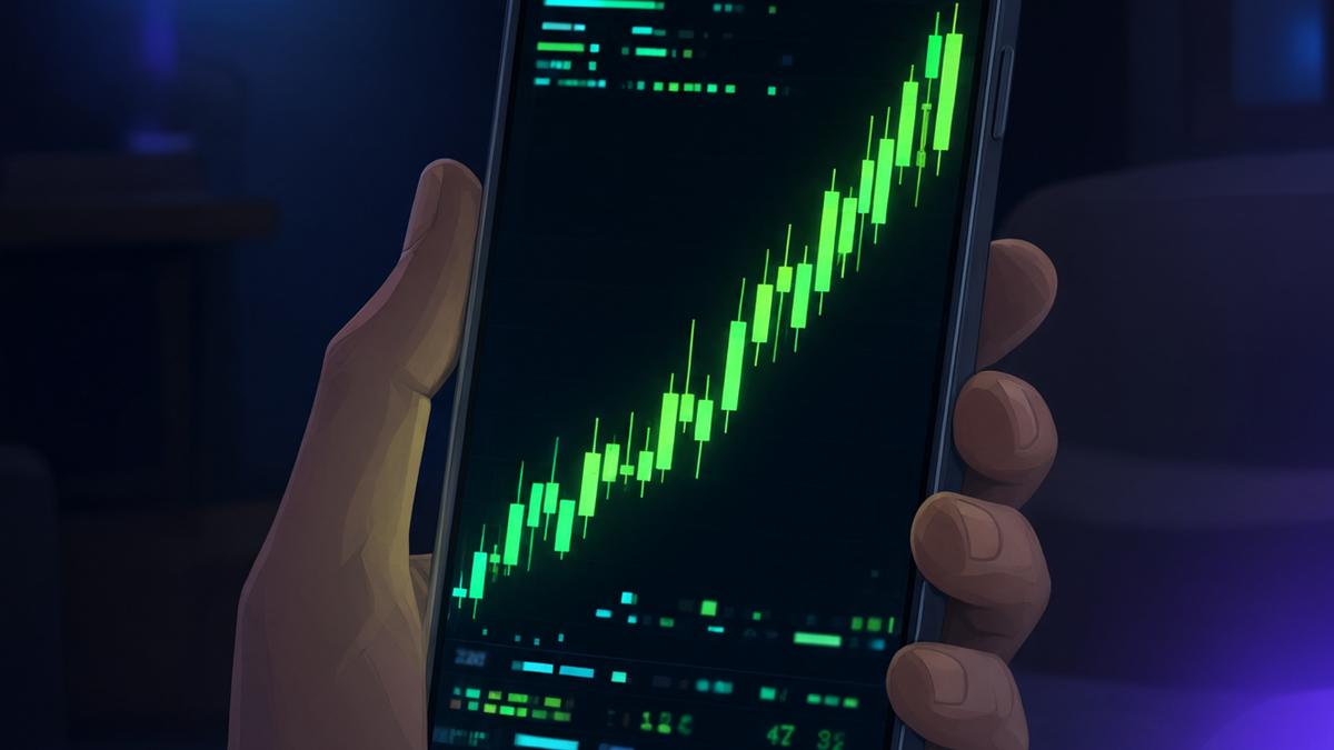Hand holding a smartphone showing a rising green stock market chart – GTA 5 Lester assassination stock plays