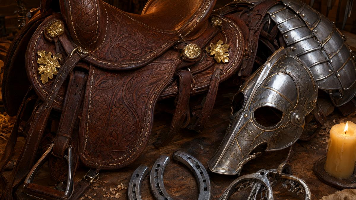 Crimson Desert horse gear on a saddlery table — saddle, horseshoes, stirrups, champron and barding