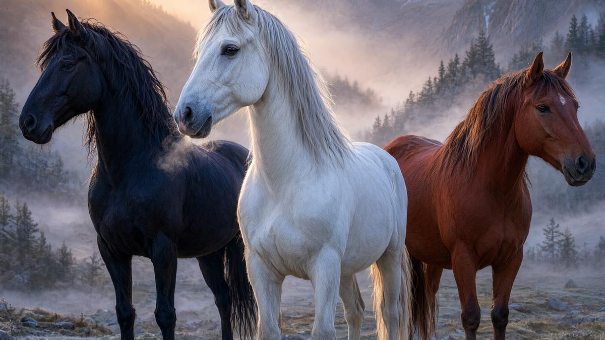 The three legendary horses in Crimson Desert — Royler, Rokade and Camora — standing in a misty valley