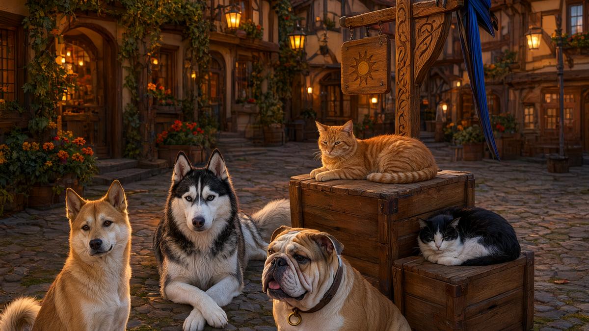 Pets in Crimson Desert — dogs, cats and a blue macaw gathered in a town square