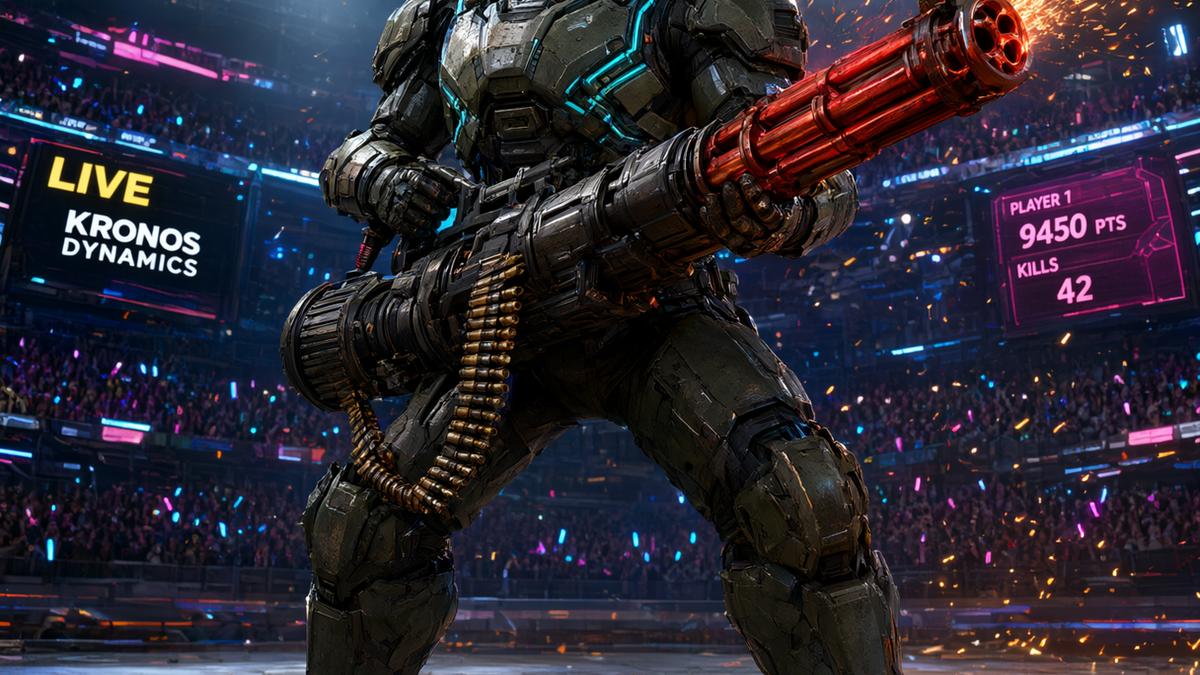 Heavily armoured futuristic character holding a large automatic cannon amid sparks and arena spotlights