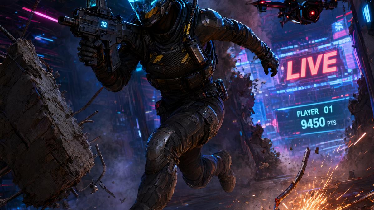 Agile futuristic scout character sprinting through a collapsing neon corridor with a compact SMG