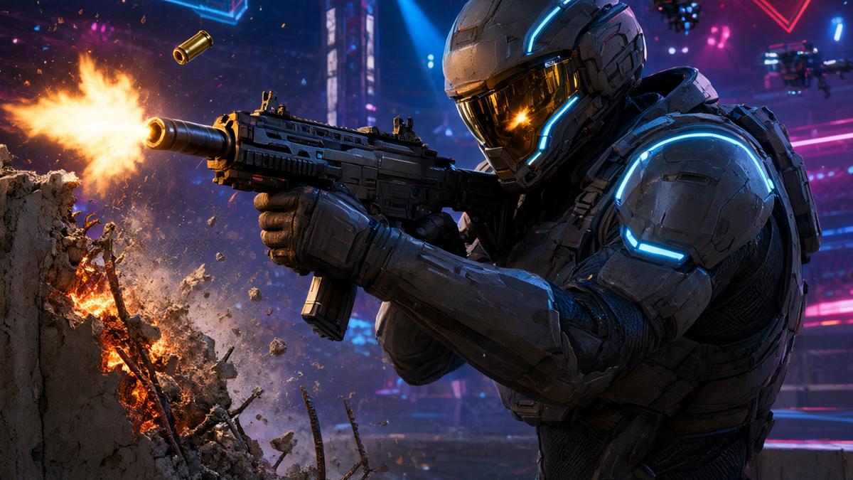 Balanced futuristic soldier with an assault rifle taking cover behind destructible walls in a bright holographic arena