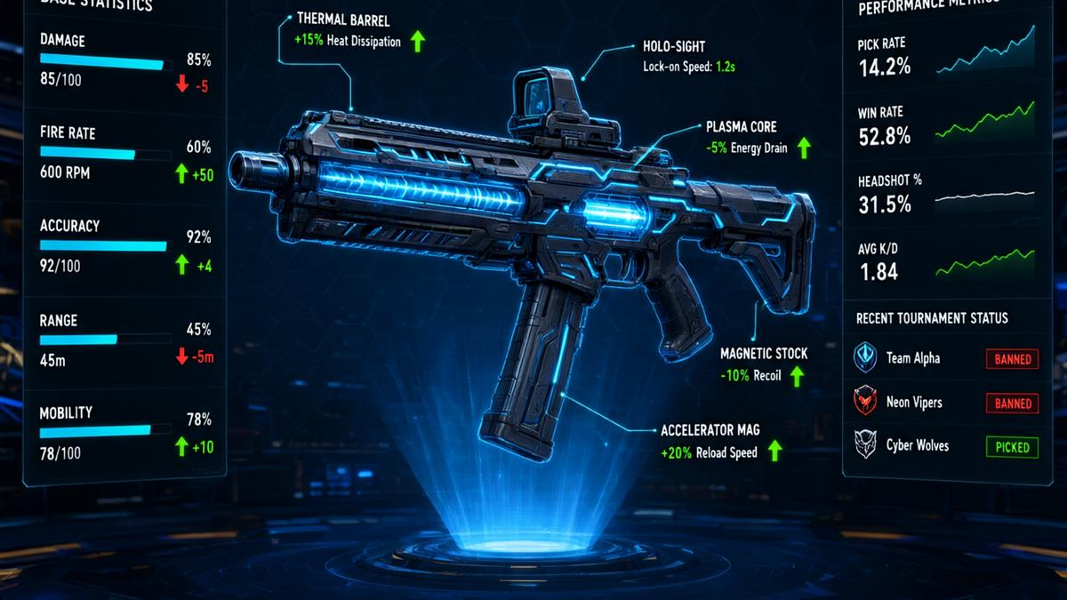 Holographic weapon balance interface with rising and falling stat arrows in dark blue tones