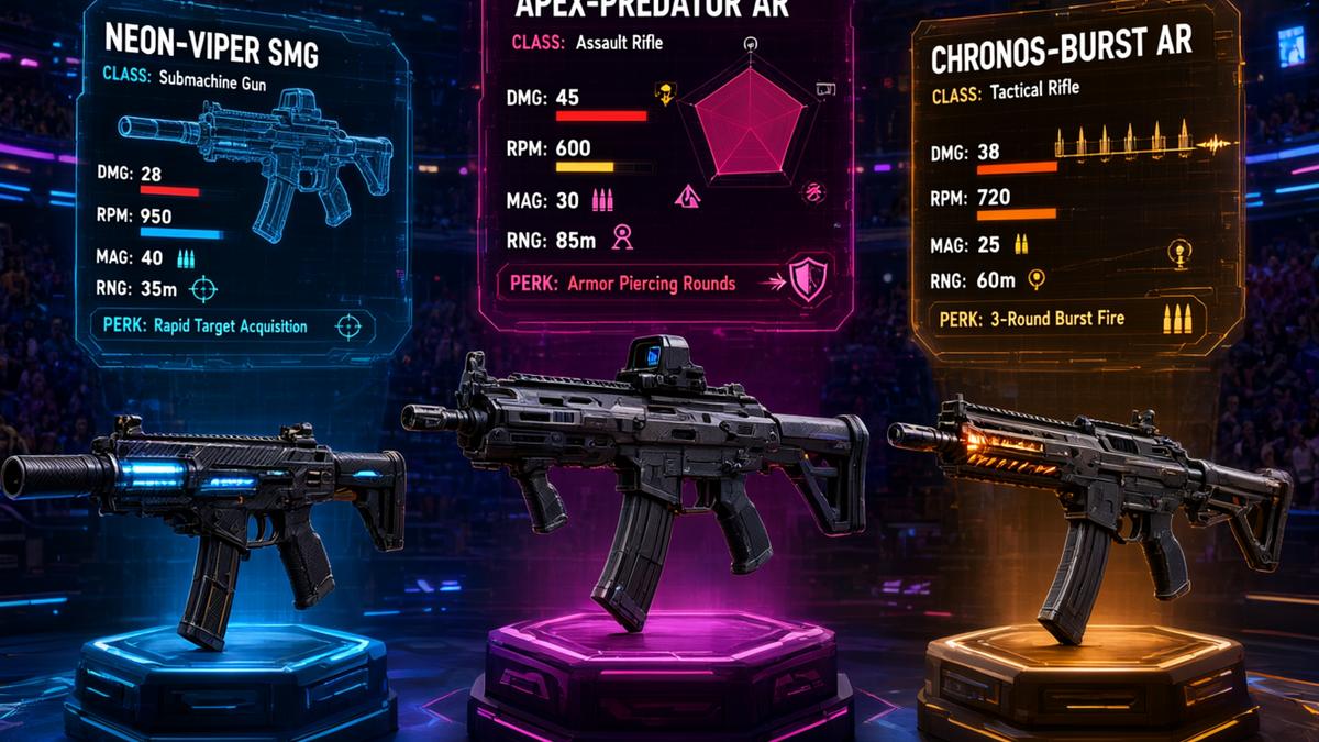 Futuristic rifles arranged on ranking podiums inside a neon-lit game show arena with holographic stat displays