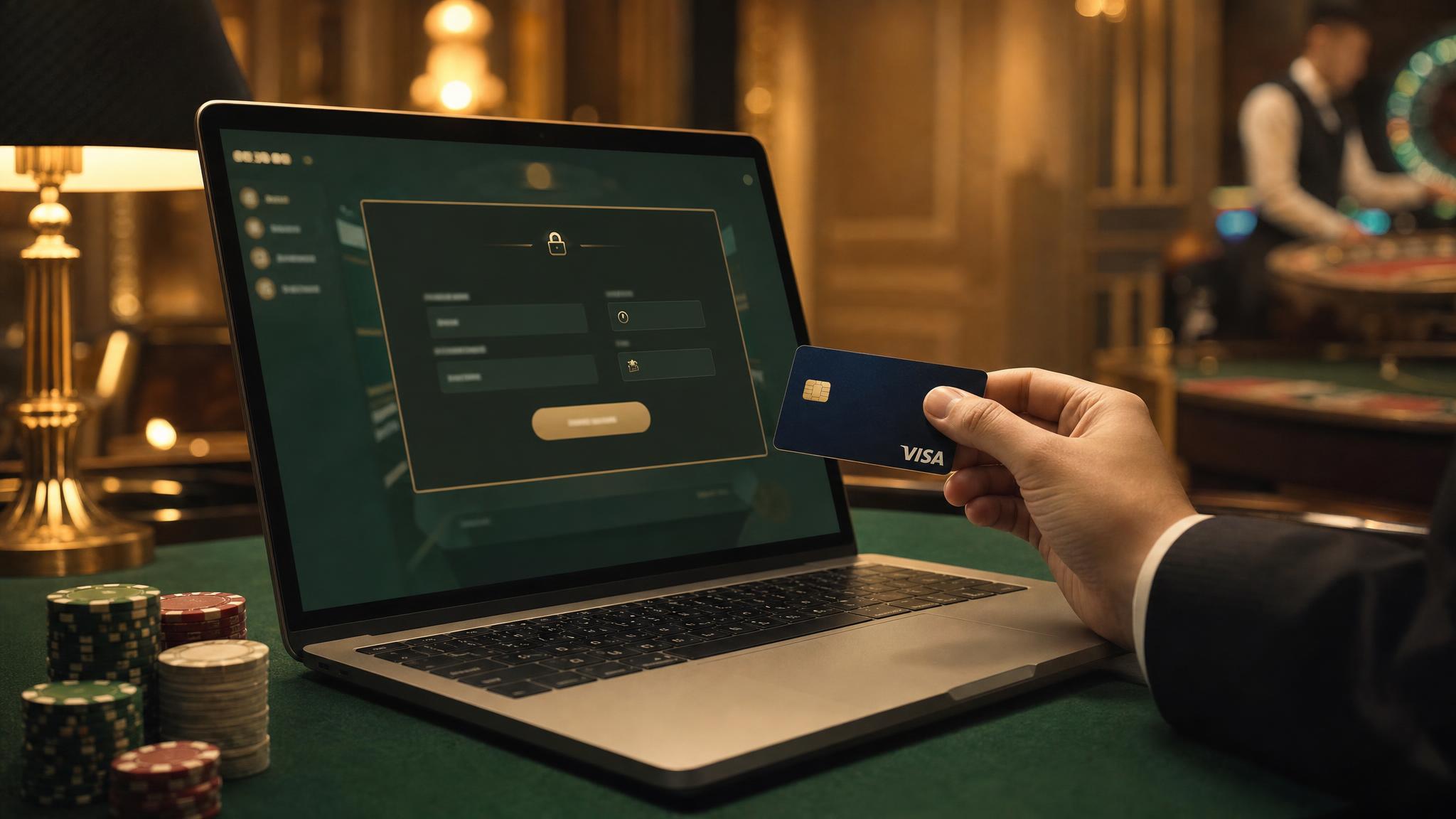 Secure casino payment with golden ambient lighting