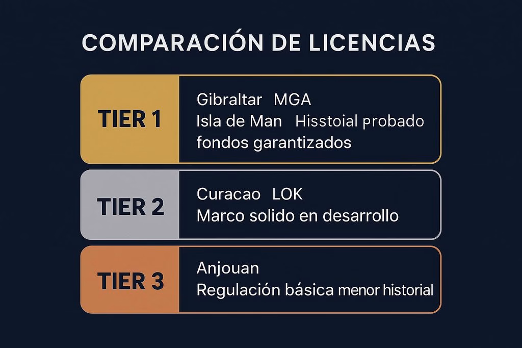 Comparativa tiers de licencias casino Anjouan Curaçao Isla de Man