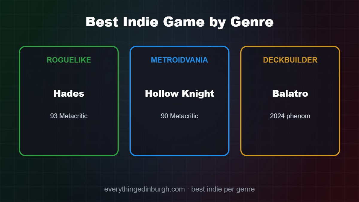 Bar chart of the highest-rated indie games on Metacritic, led by Hades and Minecraft at 93