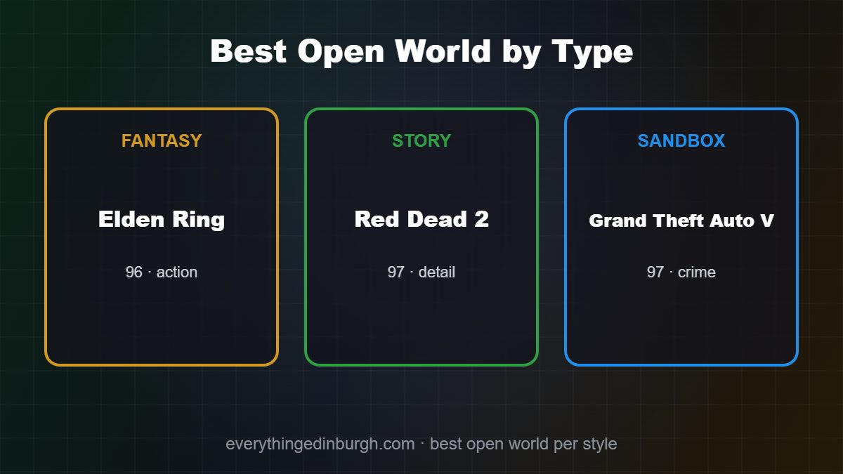 Bar chart of the highest Metacritic open-world scores, three games tied at 97