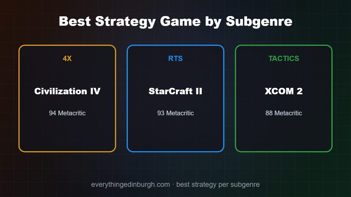 Bar chart of the highest-rated strategy games on Metacritic, led by Civilization IV at 94