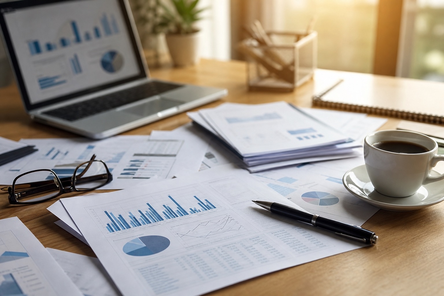 Documentos financieros sobre una mesa con calculadora y euros
