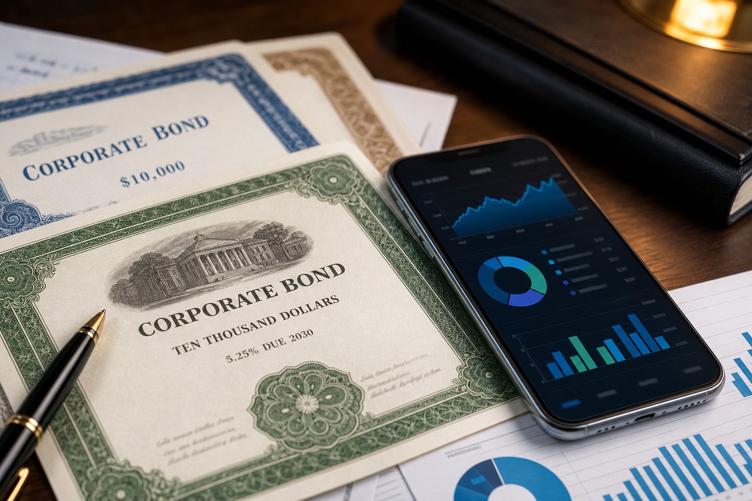 Documentos financieros y dispositivo móvil mostrando gráficos de inversión en bonos