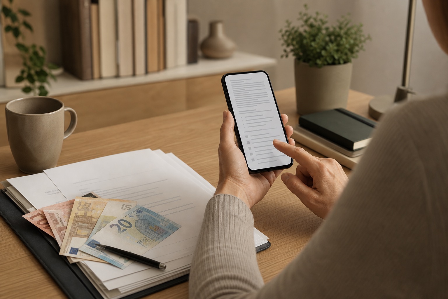 Persona revisando condiciones de un servicio financiero en el móvil