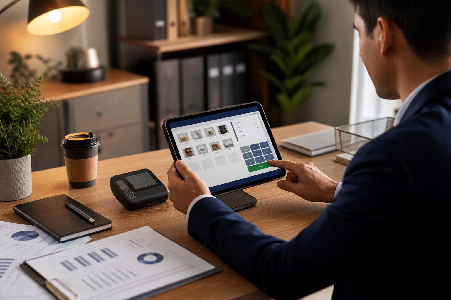 Empresario gestionando cobros desde tablet con TPV virtual