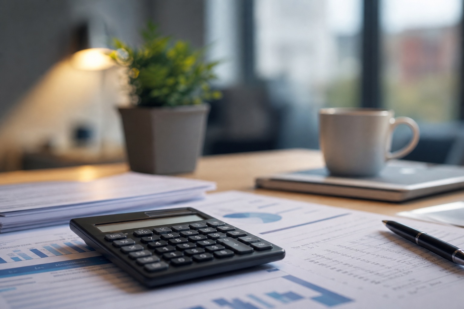 Calculadora y documentos financieros sobre una mesa