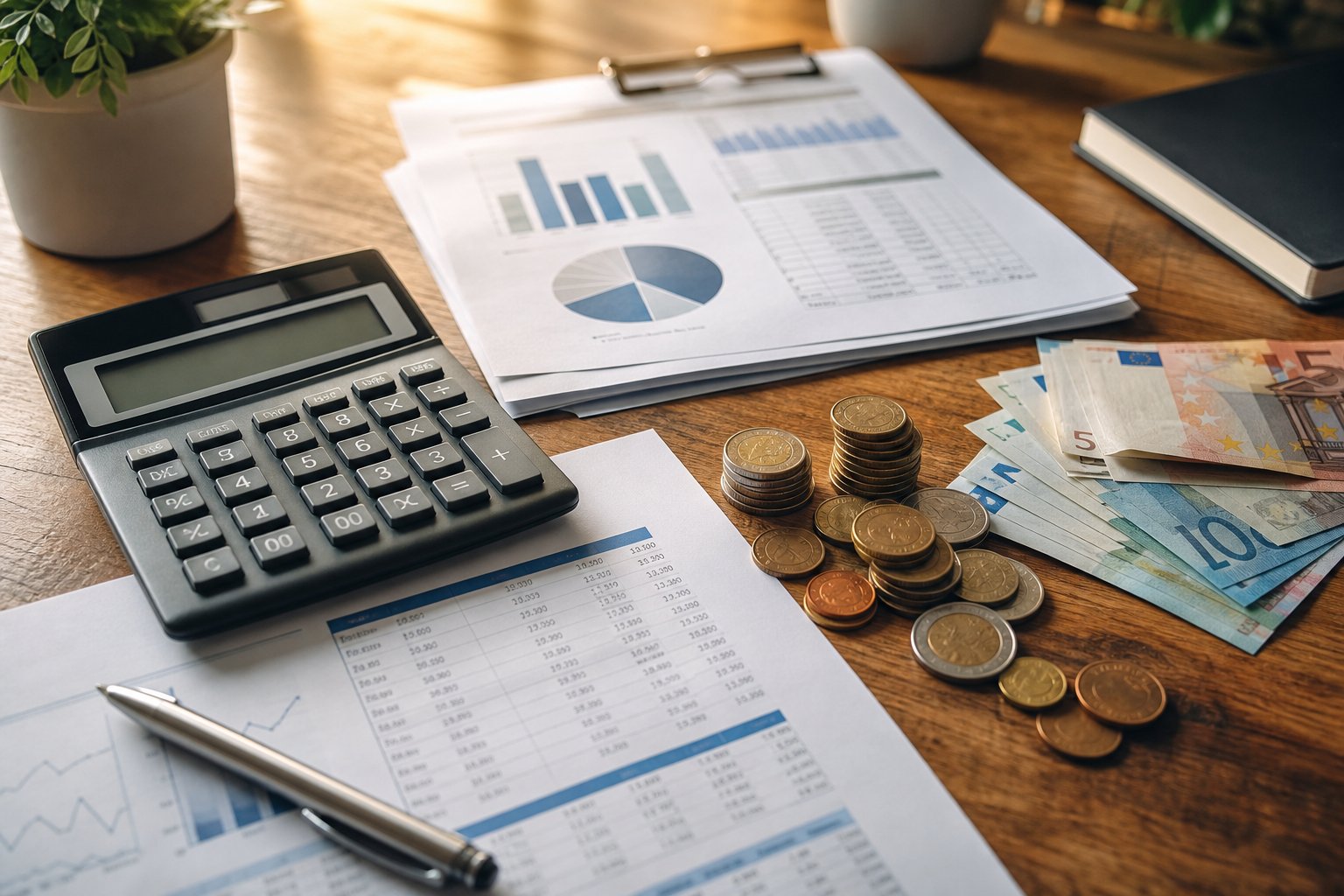 Calculadora y documentos sobre una mesa representando opciones financieras