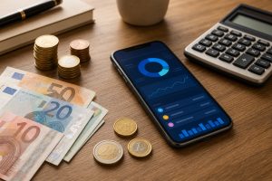 Comparar microcréditos — euros y calculadora sobre escritorio