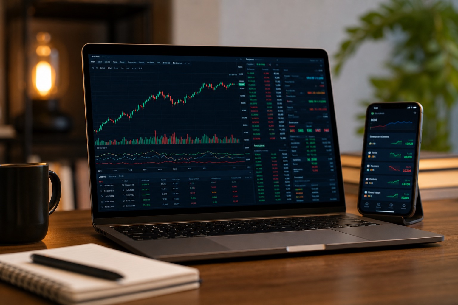 Pantalla de portátil mostrando gráficos bursátiles y una aplicación de inversión