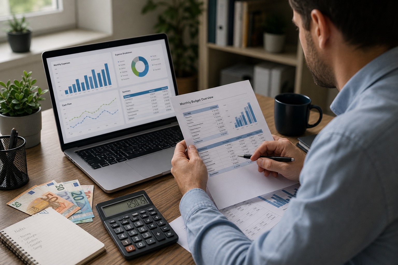Persona revisando documentos financieros con simulador de crédito