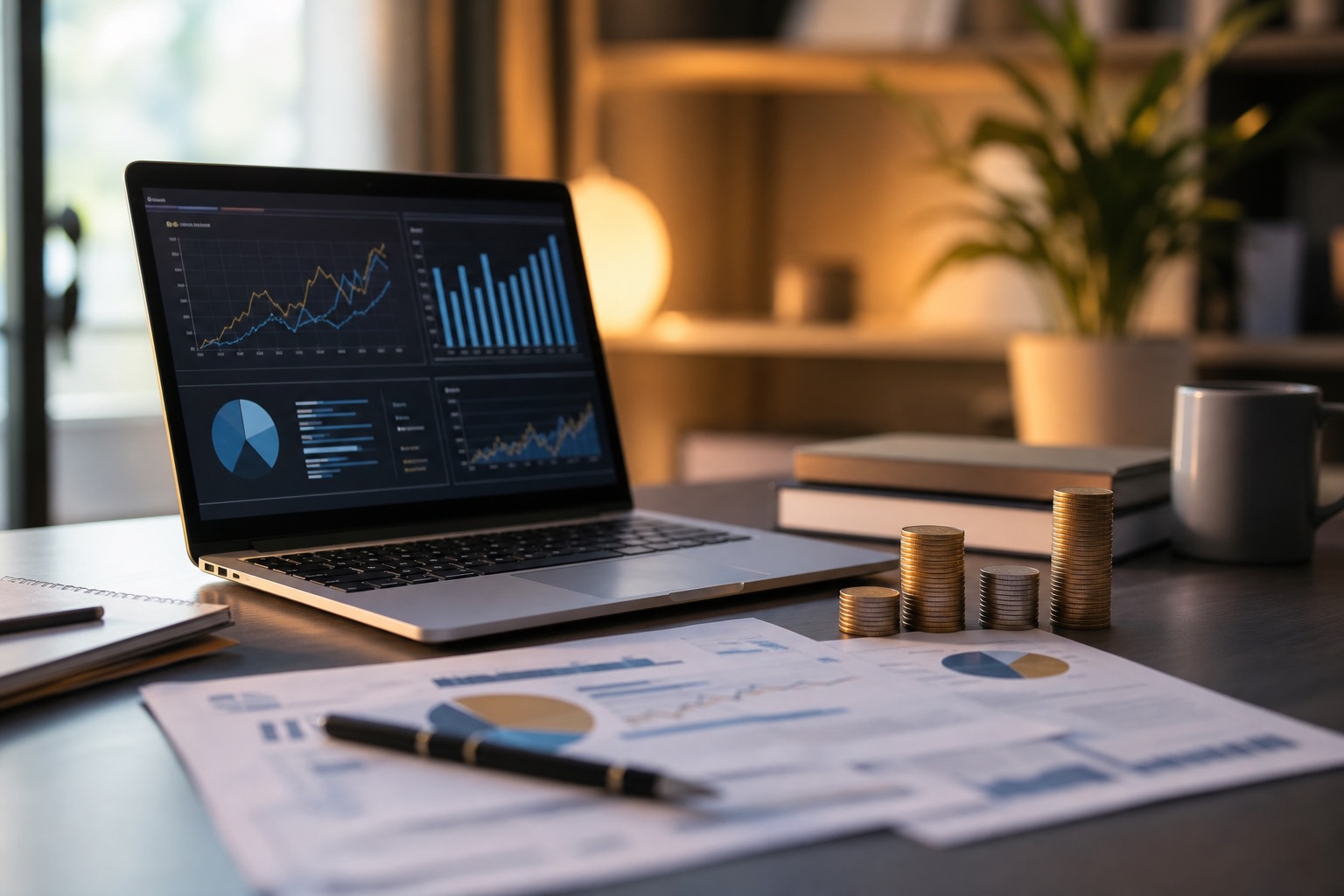 Comparativa de inversiones con gráficos y pantalla de portátil sobre escritorio
