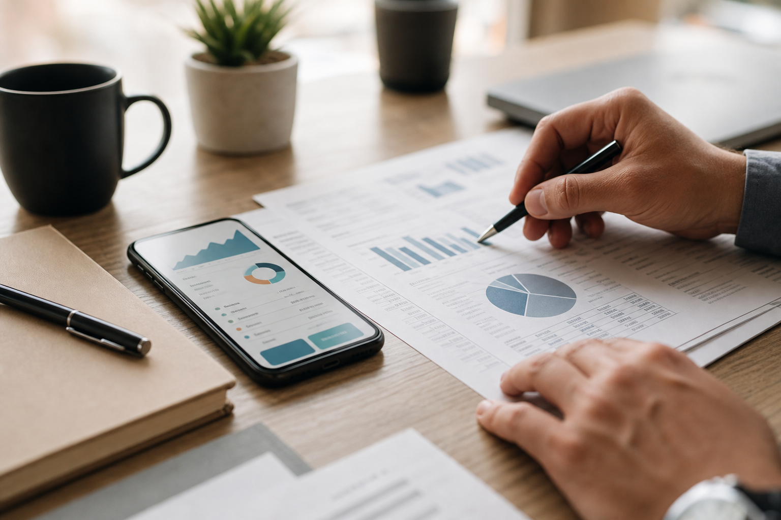 Comparativa de opciones de ahorro con documentos y dispositivo móvil