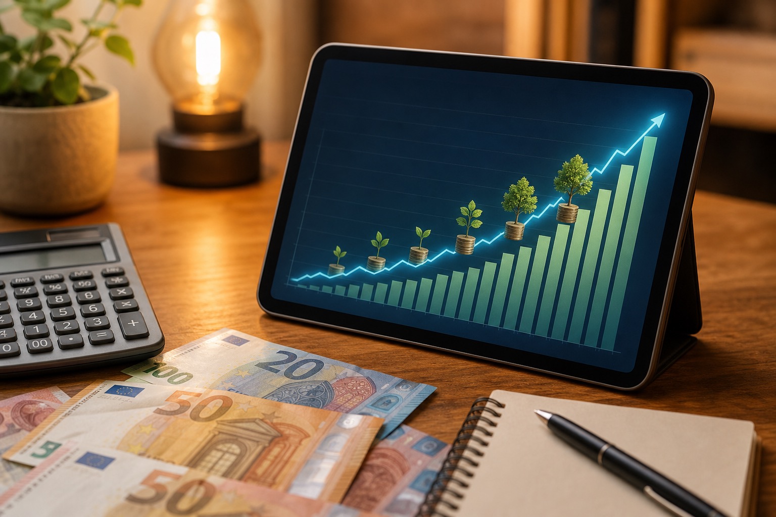 Planificación financiera y ahorro en cuenta remunerada con gráfico de crecimiento